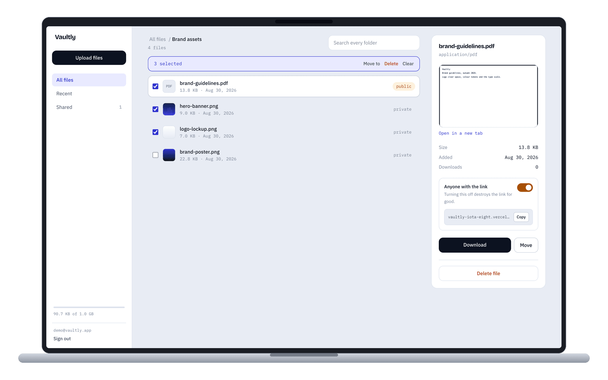Vaultly — Secure File Storage — Selecting files replaces the toolbar with what you can do to them. Ten files means one confirmation dialog, not ten.