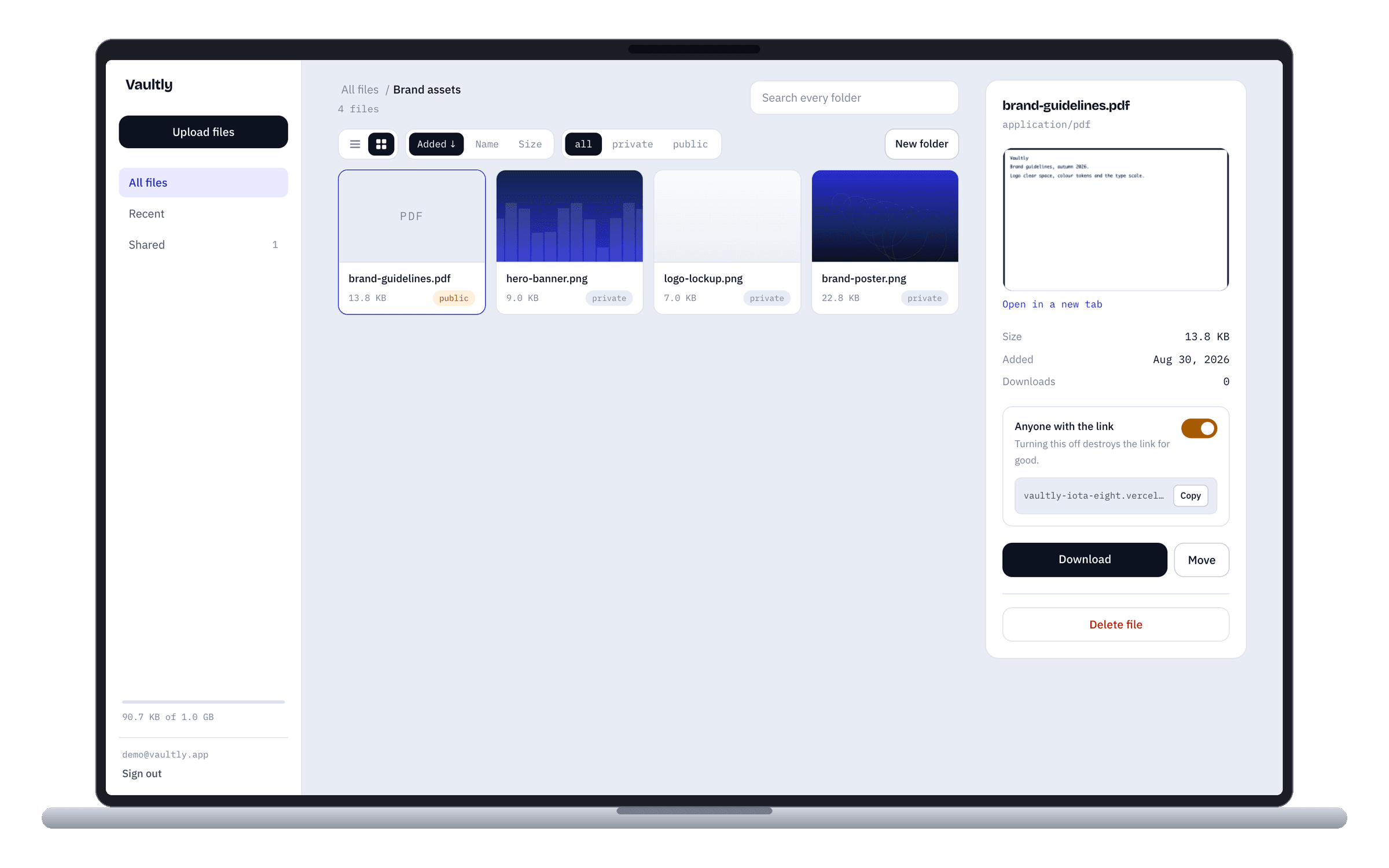 Vaultly — Secure File Storage — Grid view inside a folder. The inspector carries the one control that matters — a labelled switch with its consequence written under it, and the share link beside a copy button.