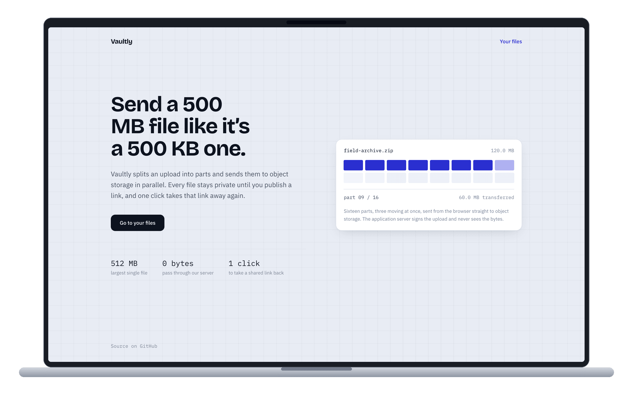 Vaultly — Secure File Storage — The landing page animates the real upload model: sixteen parts, three moving at once, going straight to storage. It is the product's thesis rather than decoration.