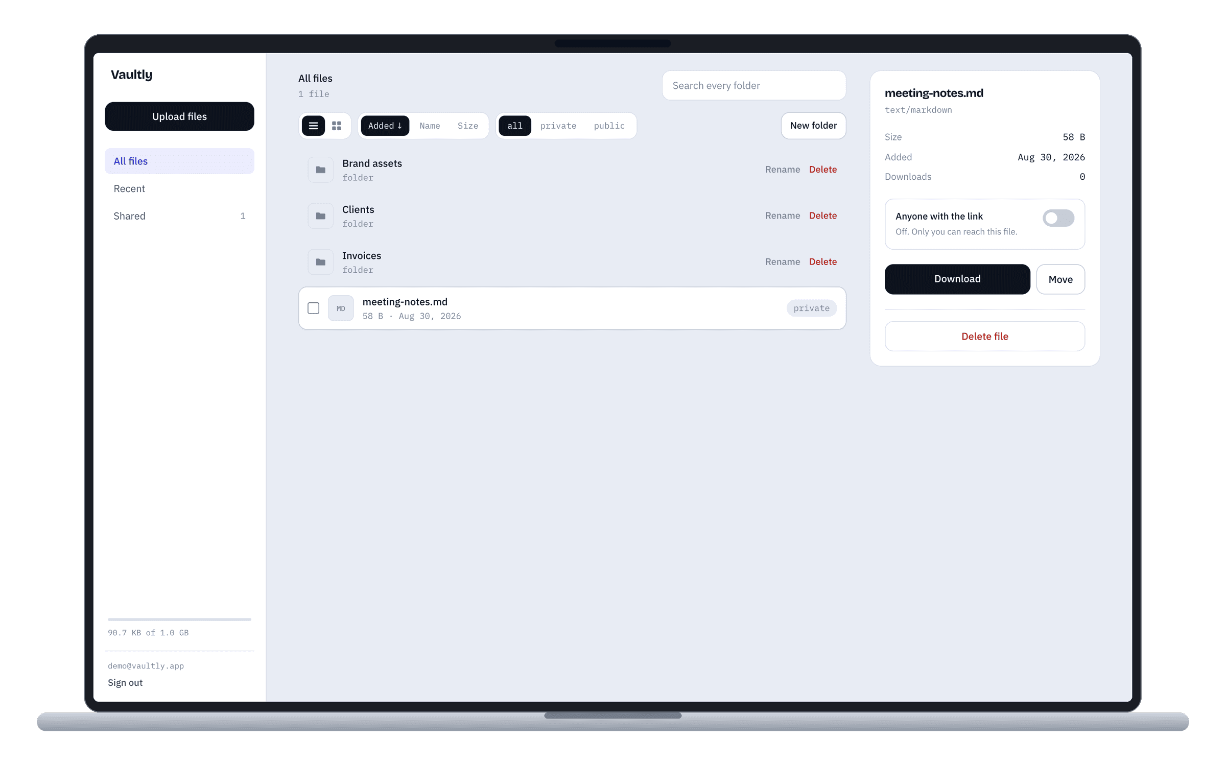 Vaultly — Secure File Storage — The list view, with folders above files and everything selectable. The same data drives both views; the toggle only changes how a row is drawn.