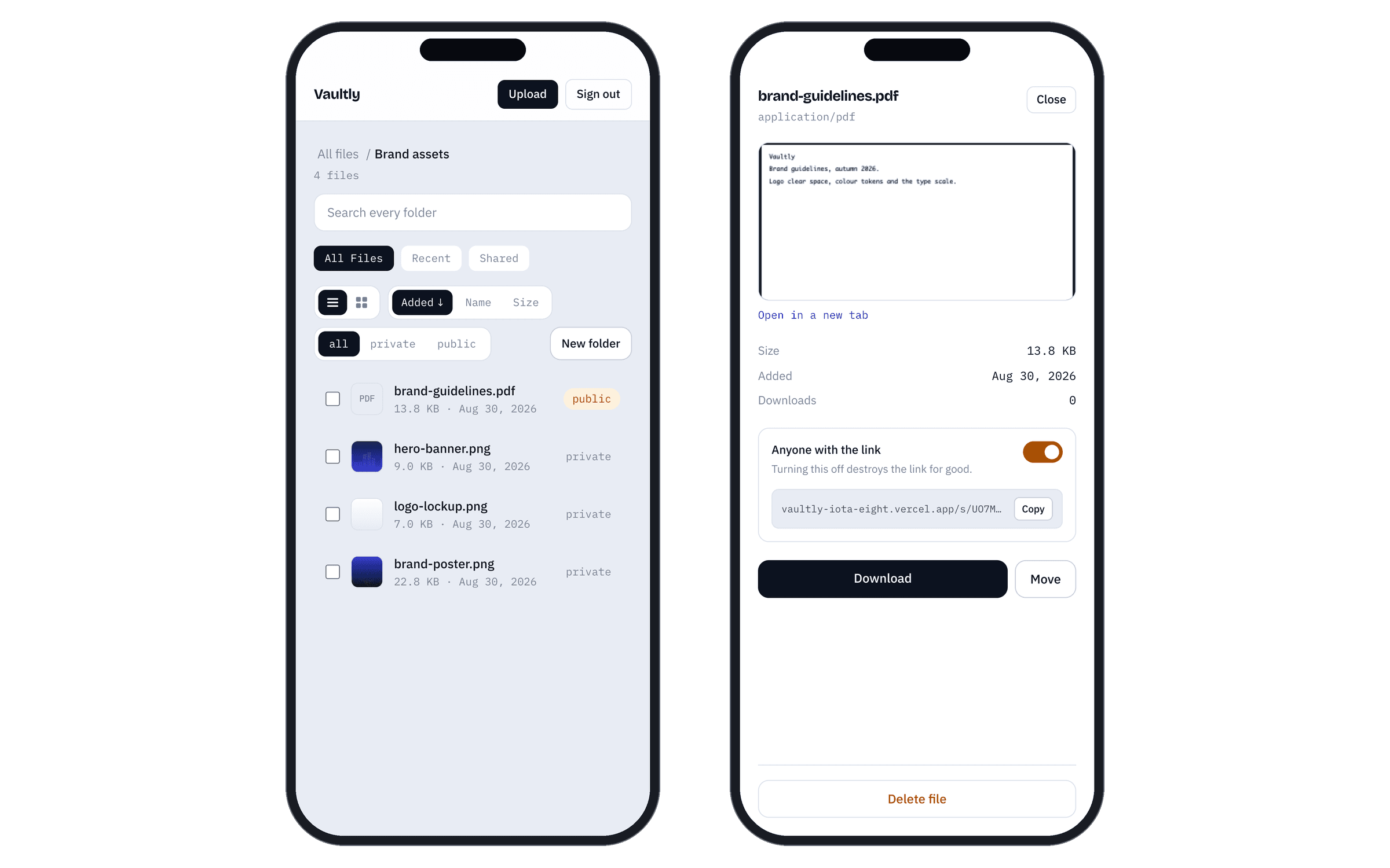 Vaultly — Secure File Storage — On a phone the inspector becomes a full screen sheet, so you land on your files rather than on a file. Auto-selection only happens where the panel has a column to sit in.