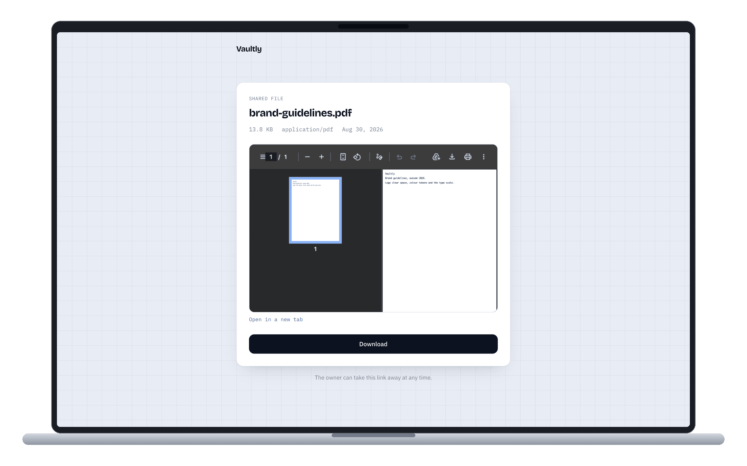 Vaultly — Secure File Storage — What someone with the link sees. No account, no dashboard — the file, its facts, a preview, and a download served from a URL that expires in five minutes.